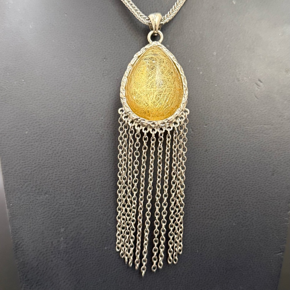 Stainless Steel Golden Rutilated Quartz Teardrop Fringe Pendant 29” Necklace - Picture 4 of 14